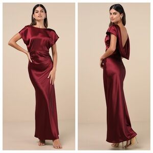 Lulus Captivating Presence Wine Red Satin Cowl Back Maxi Dress